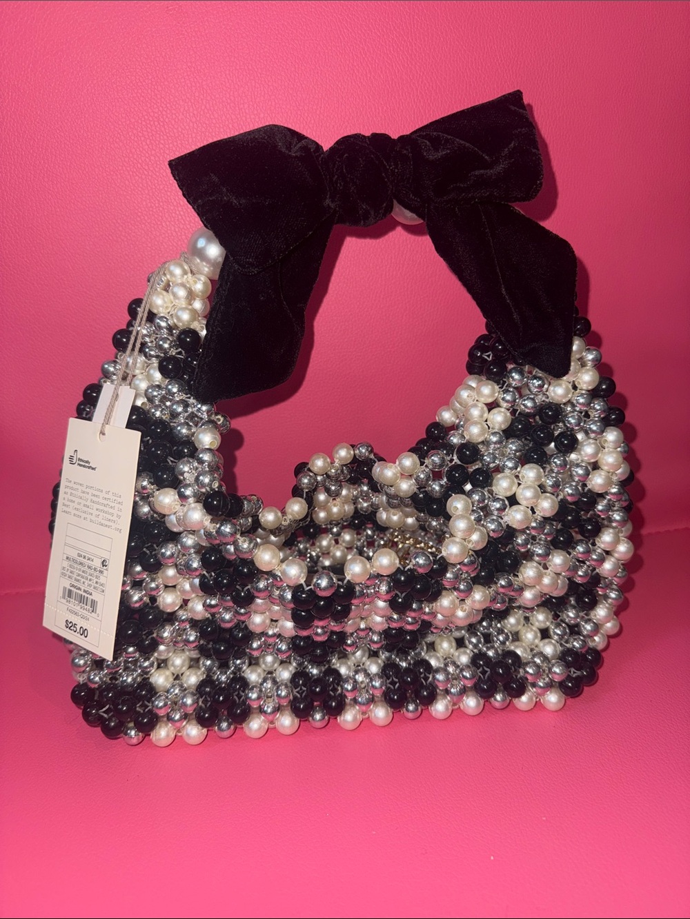 Target A New Day NWT Black White Pearl Beaded Bow Shoulder Bag Checkered
